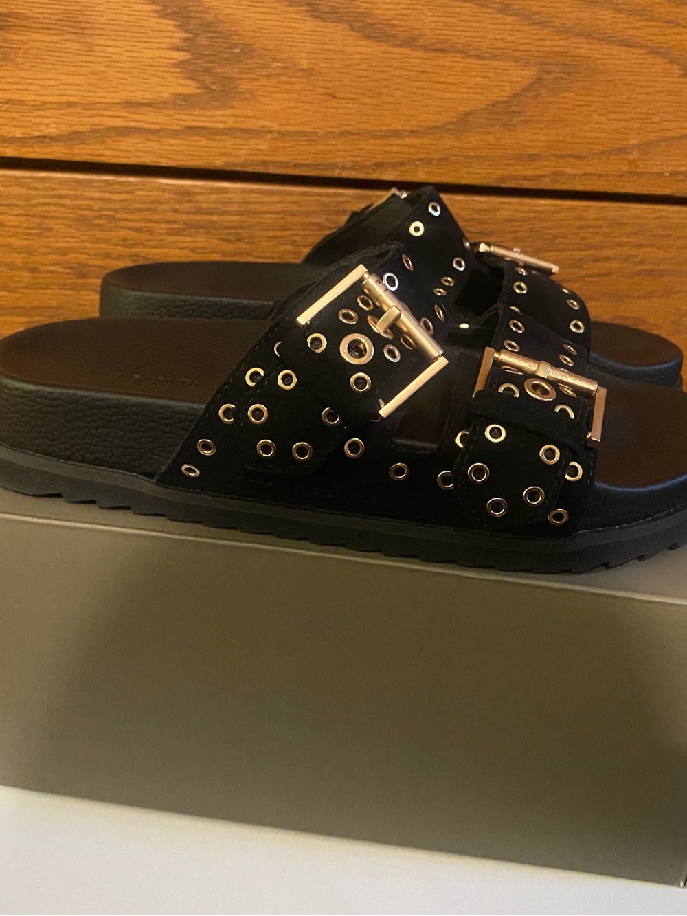 AllSaints Khai Black Slide Sandals with Gold Grommet Buckles Sz 8 - Picture 6 of 10